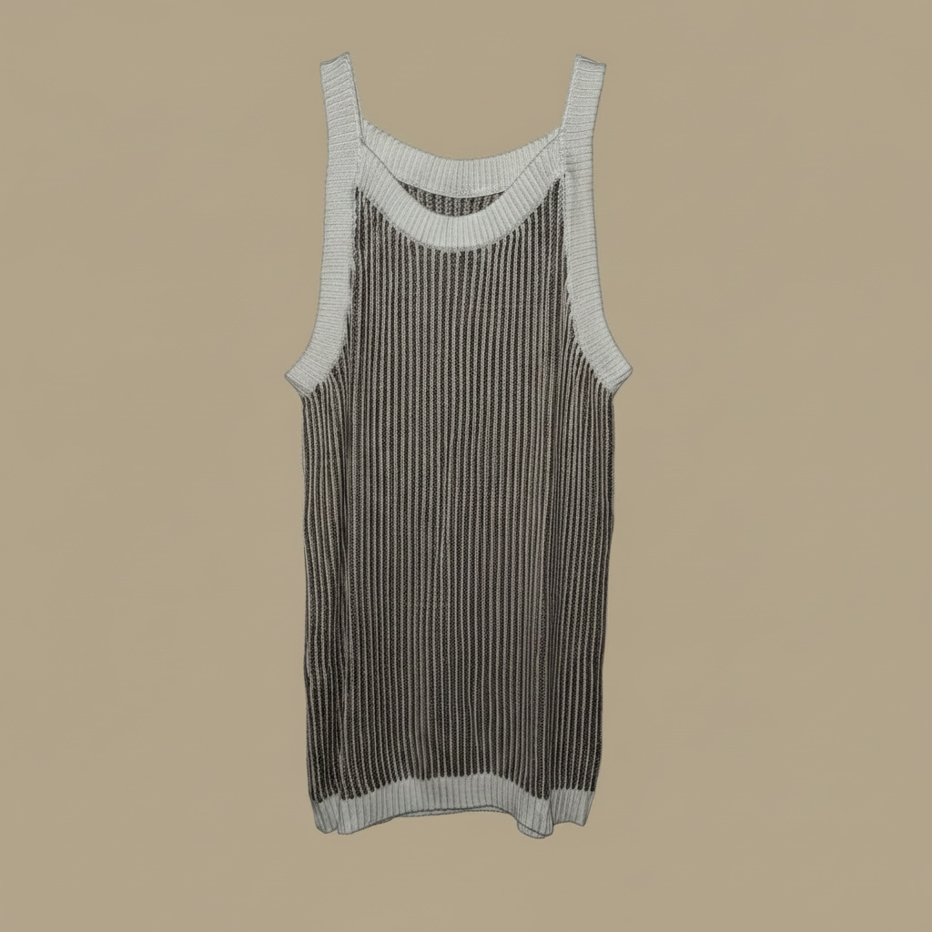 Khaki and White Ribbed Knit Tank Top