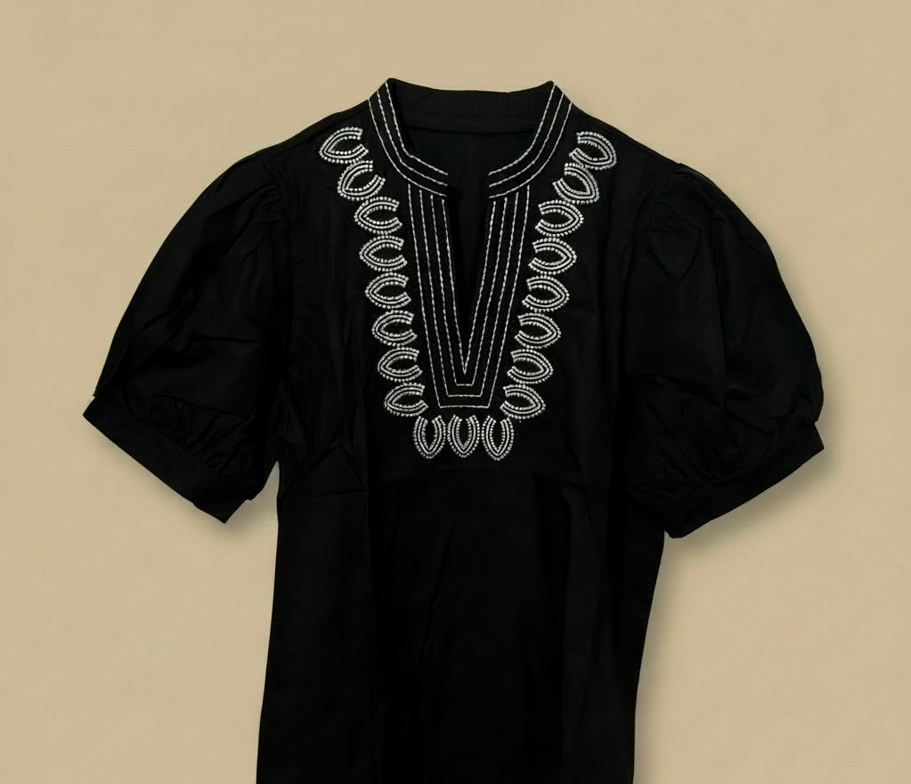 Elegant Black and Silver V-Neck Top