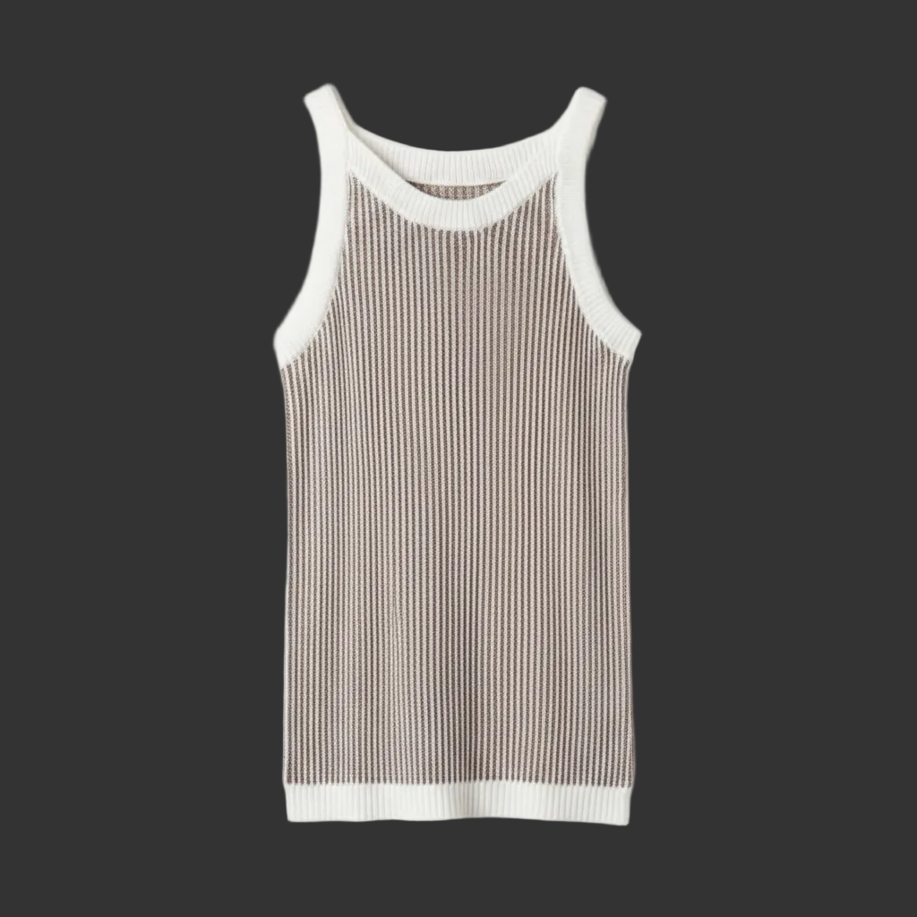 Khaki and White Ribbed Knit Tank Top